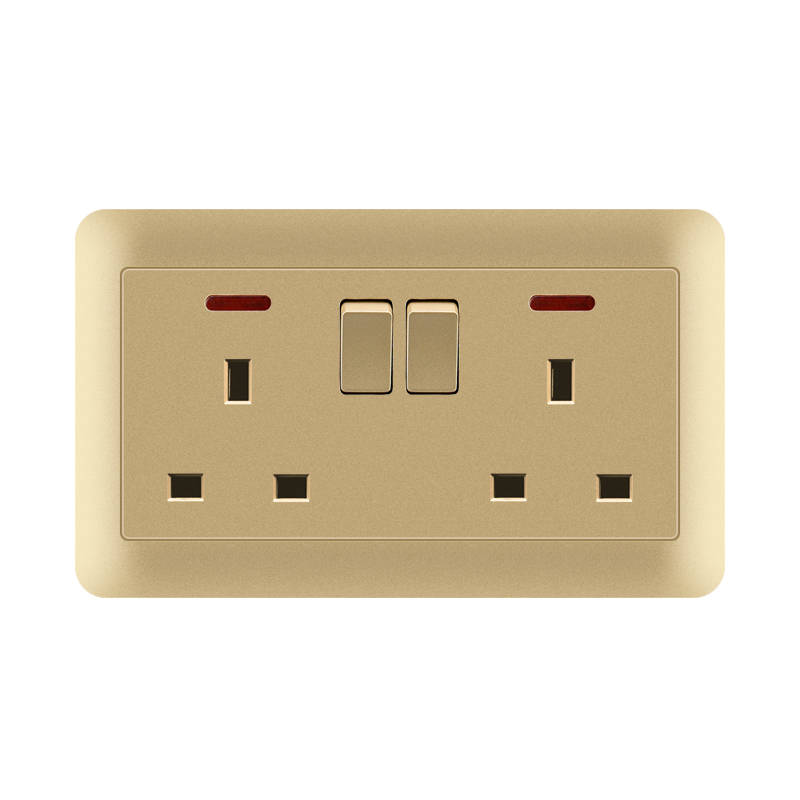 Plastic Socket TH+TJ-Double UK Socket With Switch With Indicator Light-Gold